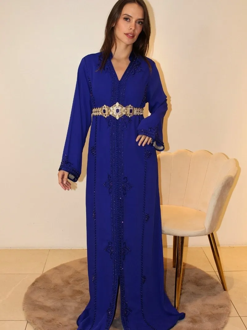 Caftan Yamna en bleu avec col officier
